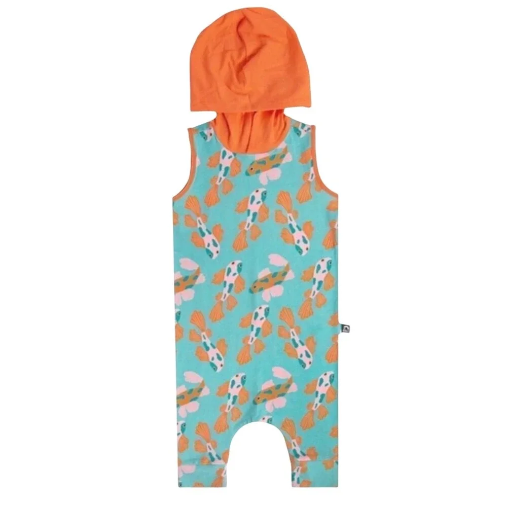 RAGS Orange Blue Koi Fish Hooded Sleeveless Stretchy Romper 6-12 months‎ Skater